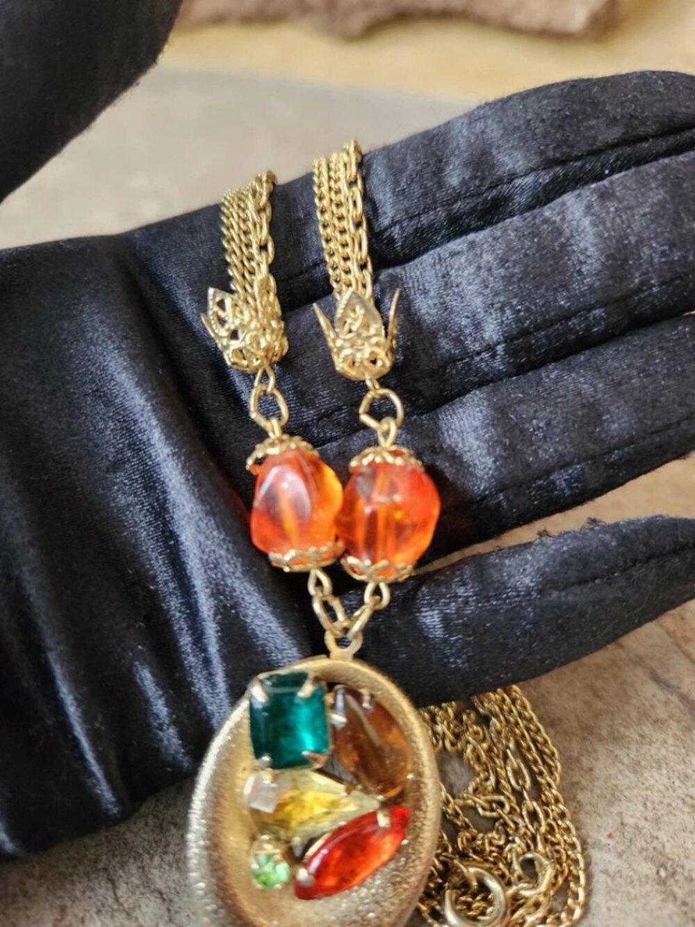 Vtg Statement Necklace Gold Tone Multi Chain & Colored Rhinestone Beaded Tassel - Picture 3 of 16
